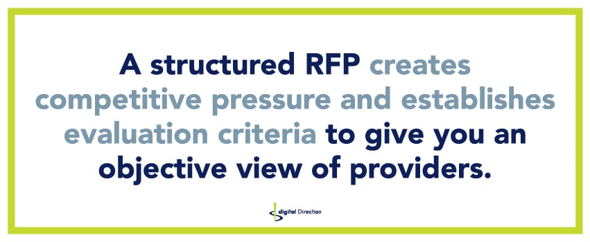 A structured RFP creates competitive pressure and establishes evaluation criteria to give you an objective view of providers.
