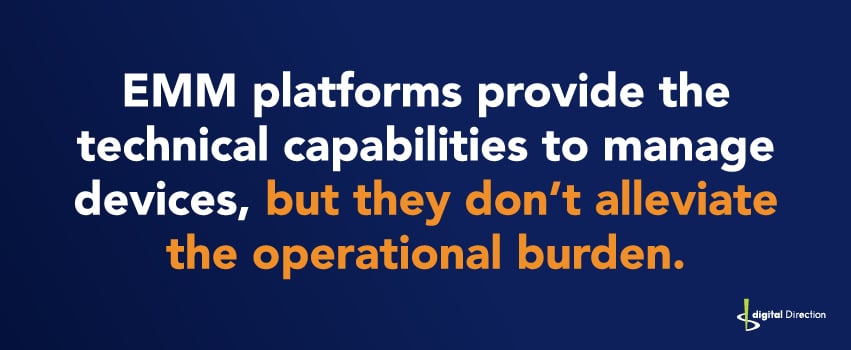 EMM platforms provide the technical capabilities to manage devices, but they don’t alleviate the operational burden.