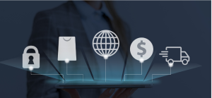 Businesswoman holding a tablet with digital icons representing global commerce, security, and financial transactions.